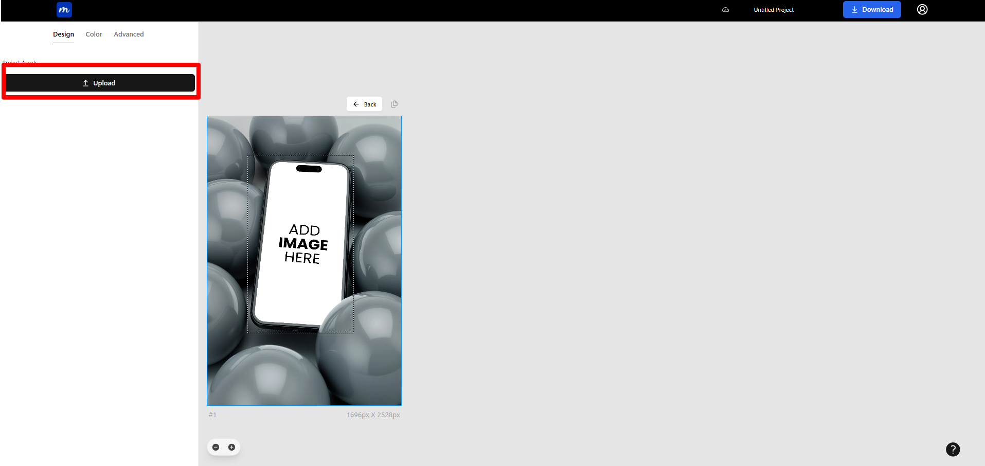 Modor’s mockup editing interface with ‘Upload’ button highlighted in a red box